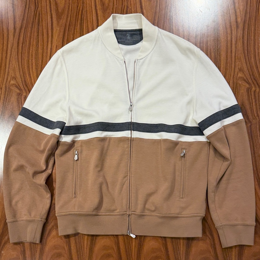 Brunello Cucinelli White and Brown Zip-Up Sweater